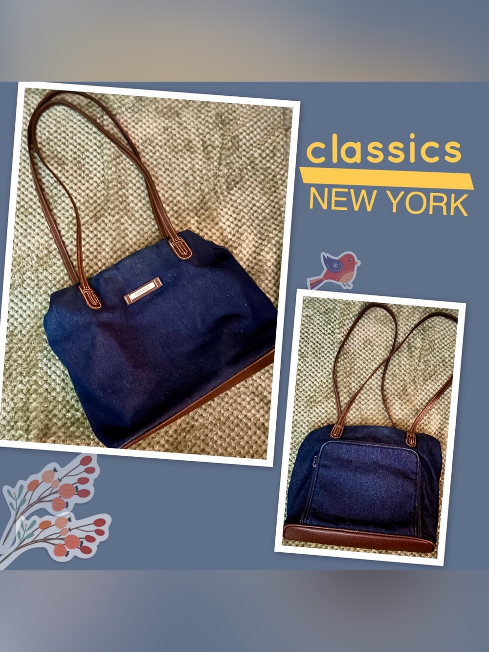 Navy Shoulder Bag with Brown Trim